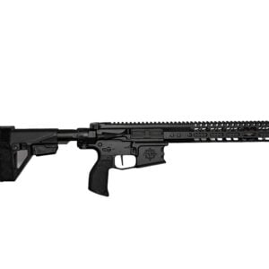 Black modern sporting rifle with a long quad-rail handguard and adjustable stock on a white background