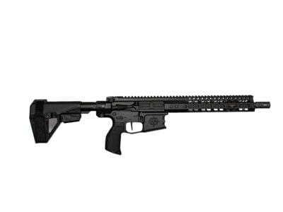 Black modern sporting rifle with a long quad-rail handguard and adjustable stock on a white background