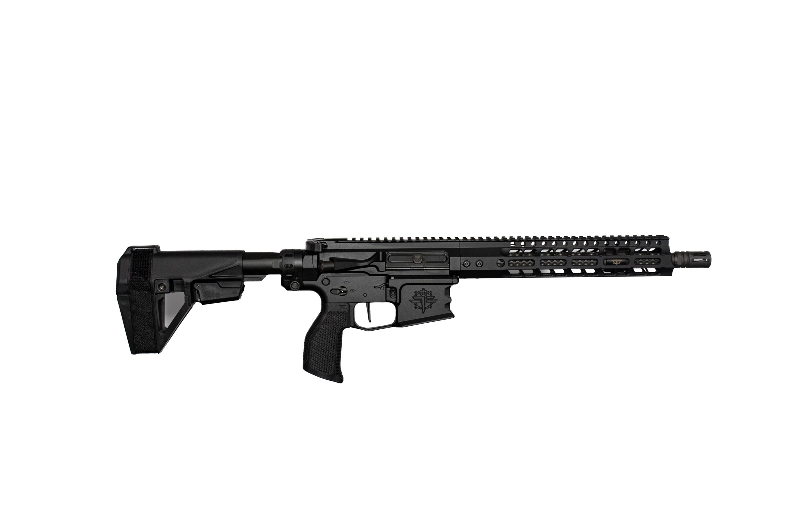 Black modern sporting rifle with a long quad-rail handguard and adjustable stock on a white background