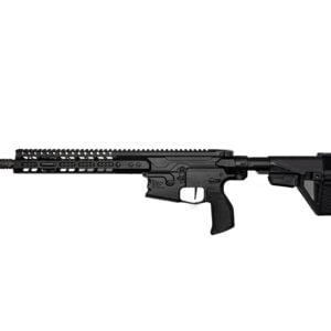 Black semi-automatic rifle with a long handguard and adjustable stock, photographed from the left side against a white background.