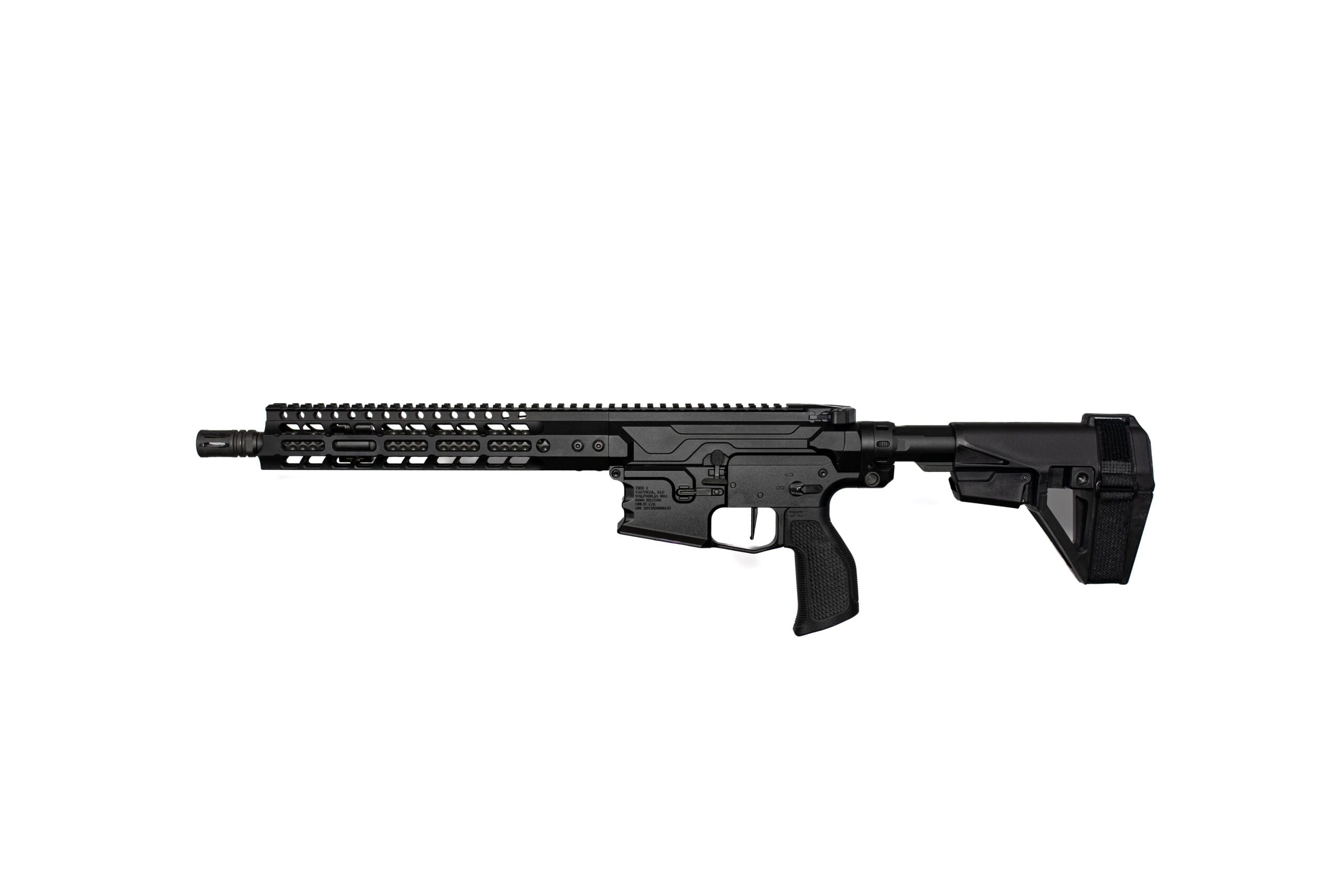 Black semi-automatic rifle with a long handguard and adjustable stock, photographed from the left side against a white background.