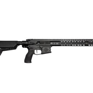 Black semi-automatic rifle with adjustable stock, pistol grip, and long Picatinny-handled rail shown in profile on a white background