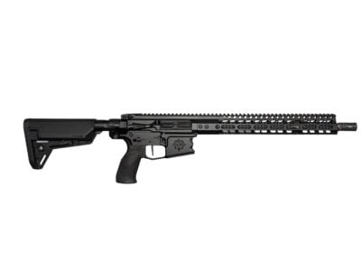 Black semi-automatic rifle with adjustable stock, pistol grip, and long Picatinny-handled rail shown in profile on a white background