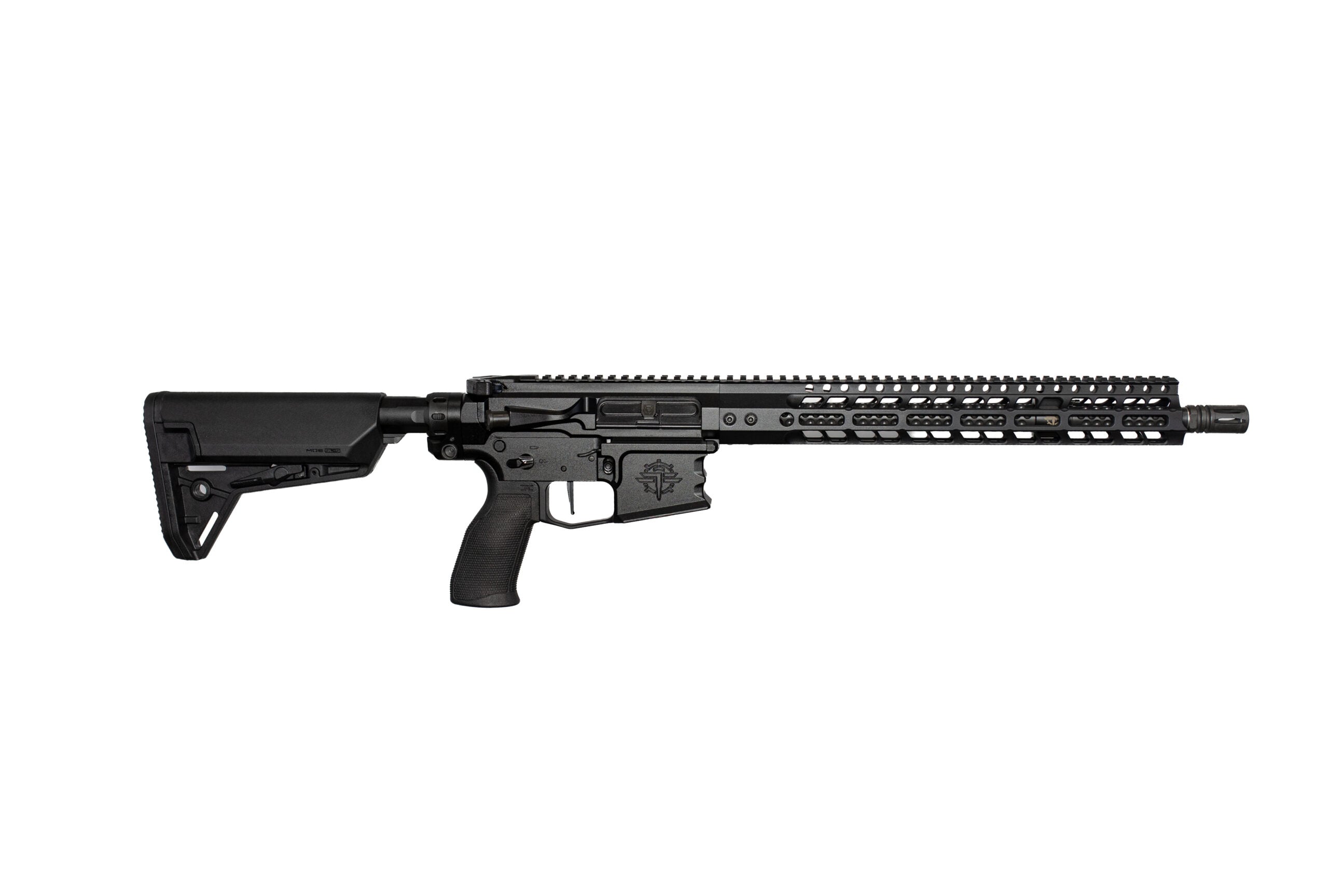 Black semi-automatic rifle with adjustable stock, pistol grip, and long Picatinny-handled rail shown in profile on a white background