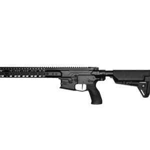 Profile view of a black modern rifle with a long Picatinny rail, quad-rail handguard, and adjustable stock.