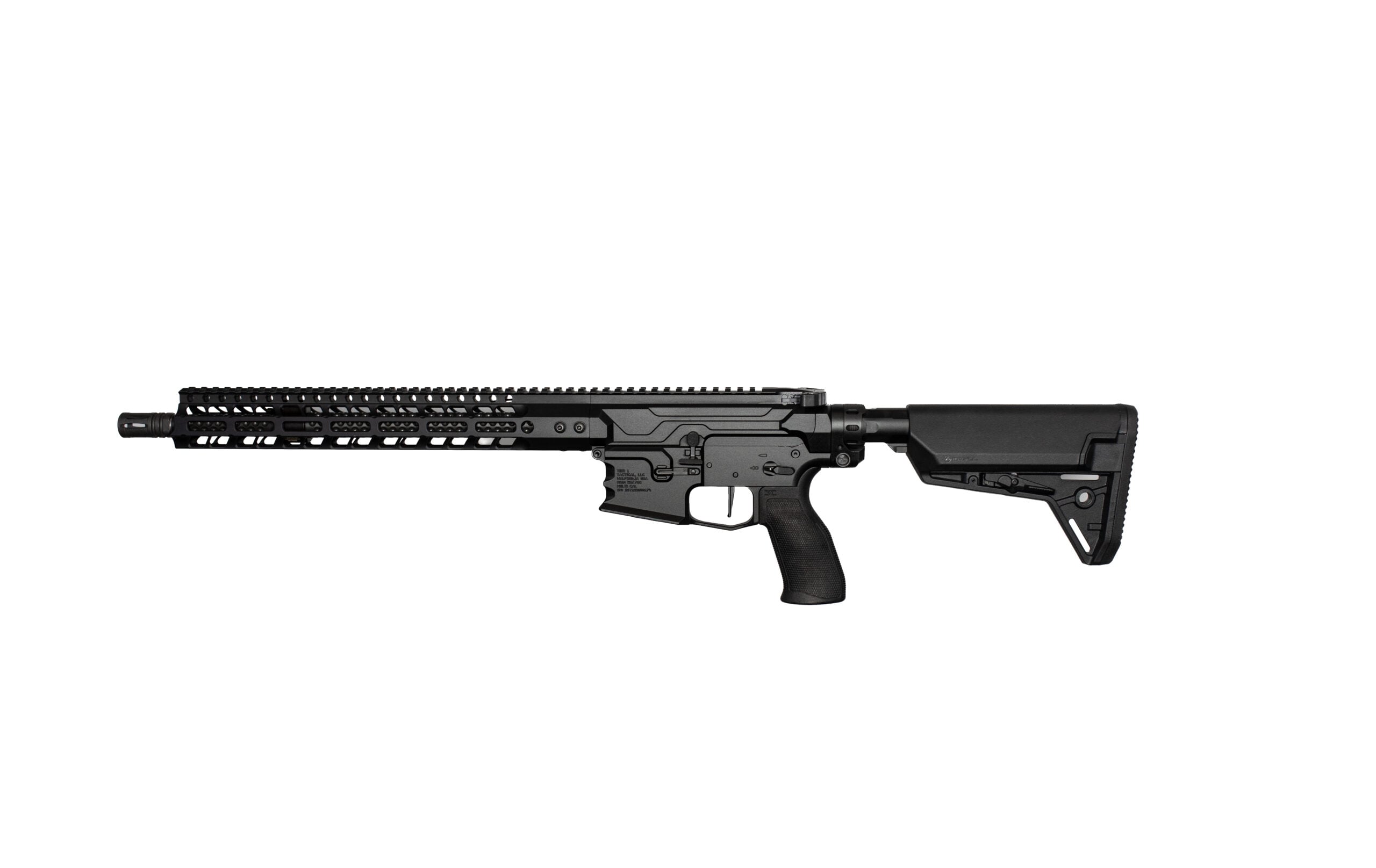Profile view of a black modern rifle with a long Picatinny rail, quad-rail handguard, and adjustable stock.