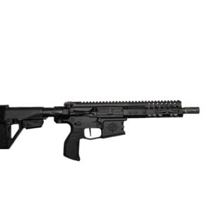 Black modern assault rifle shown horizontally on a white background with a collapsible stock and Picatinny rail system to the top and handguard side.