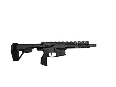 Black modern assault rifle shown horizontally on a white background with a collapsible stock and Picatinny rail system to the top and handguard side.