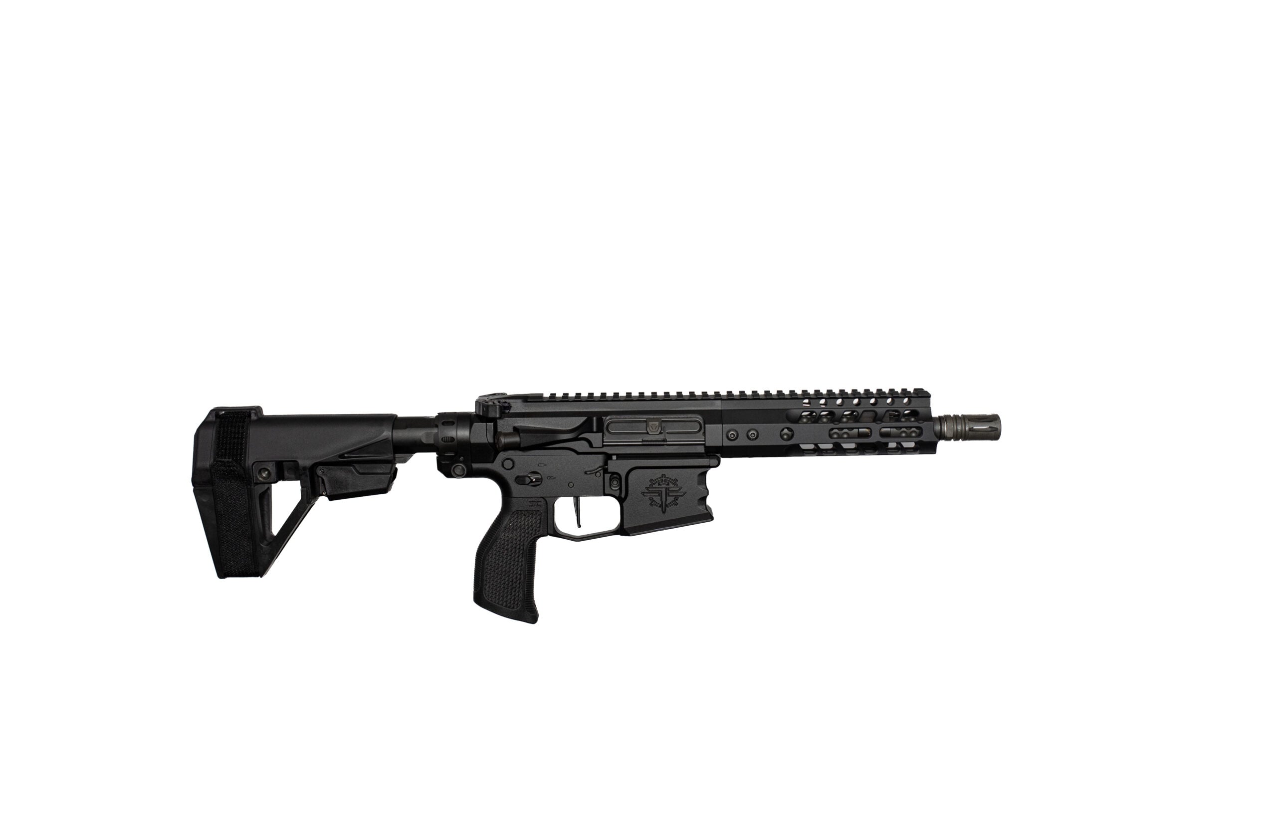 Black modern assault rifle shown horizontally on a white background with a collapsible stock and Picatinny rail system to the top and handguard side.
