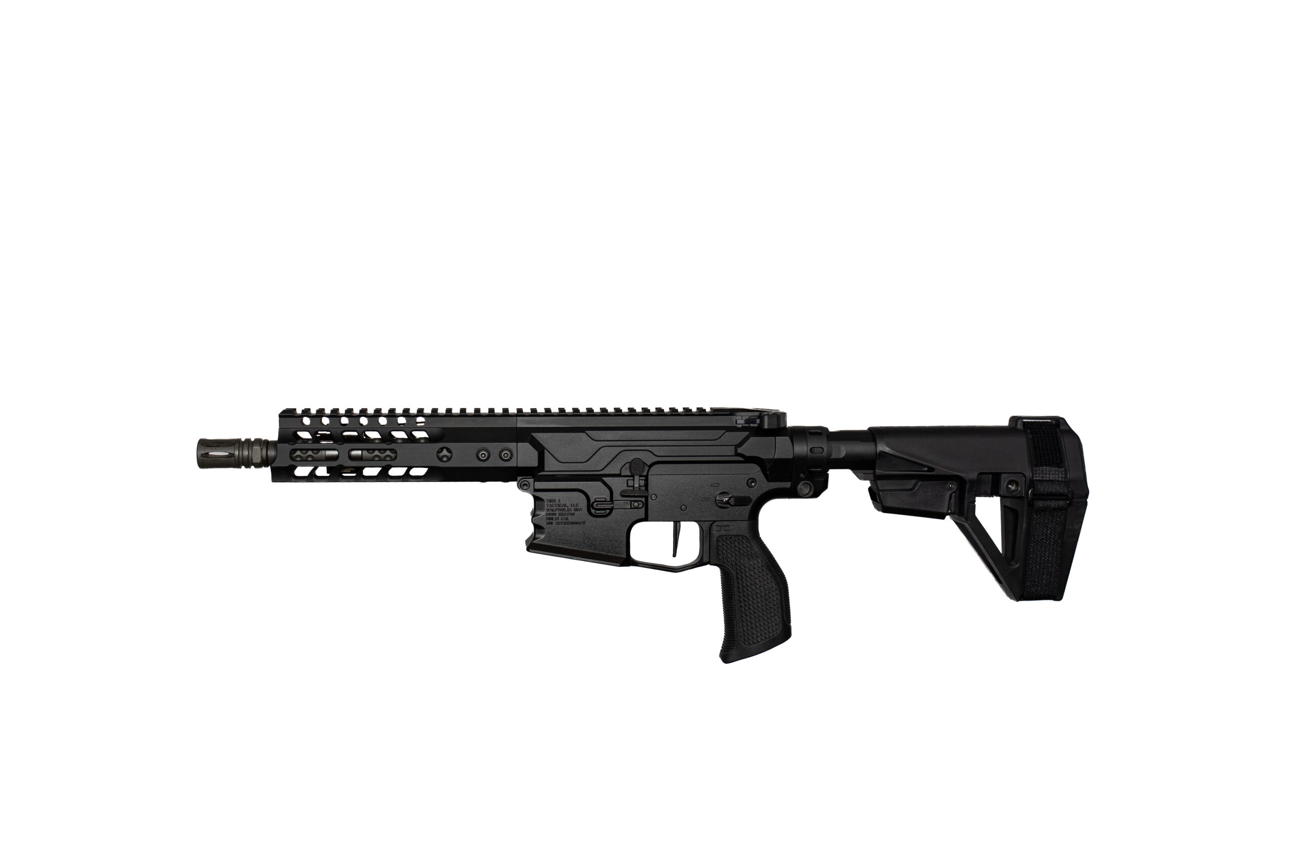 AR-style rifle shown horizontally with a free-floating rail and adjustable stock on a white background