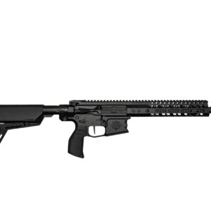 AR-15 style black rifle with adjustable stock and long rail, shown horizontally on a white background.