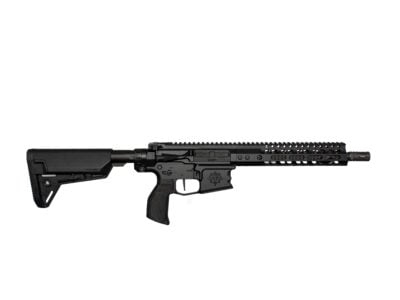 AR-15 style black rifle with adjustable stock and long rail, shown horizontally on a white background.