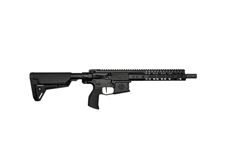 AR-15 style black rifle with adjustable stock and long rail, shown horizontally on a white background.
