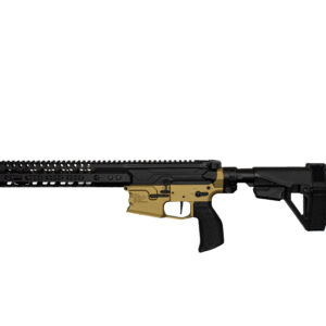 Side-profile view of a black-and-tan semi-automatic rifle with a long perforated handguard and adjustable stock.