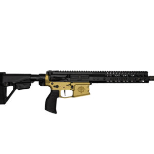 Semi-automatic rifle with a gold-colored lower receiver and black upper/fore-end on a white background, shown horizontally for display.