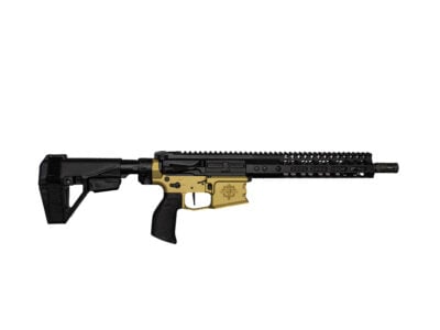 Semi-automatic rifle with a gold-colored lower receiver and black upper/fore-end on a white background, shown horizontally for display.