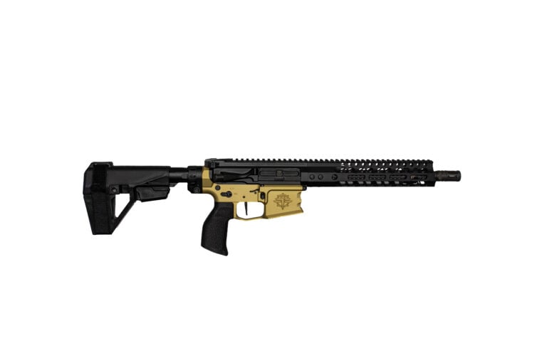 Semi-automatic rifle with a gold-colored lower receiver and black upper/fore-end on a white background, shown horizontally for display.