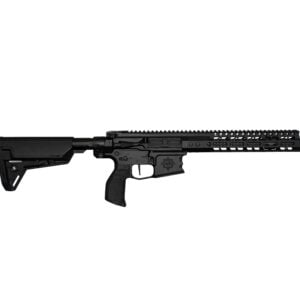 Black semi-automatic rifle with adjustable stock and long Picatinny rail, shown from the side.