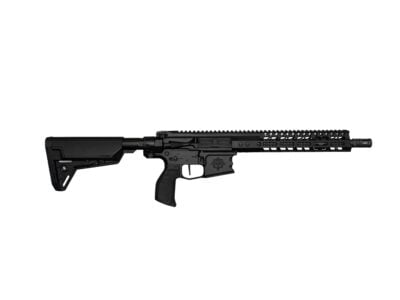 Black semi-automatic rifle with adjustable stock and long Picatinny rail, shown from the side.