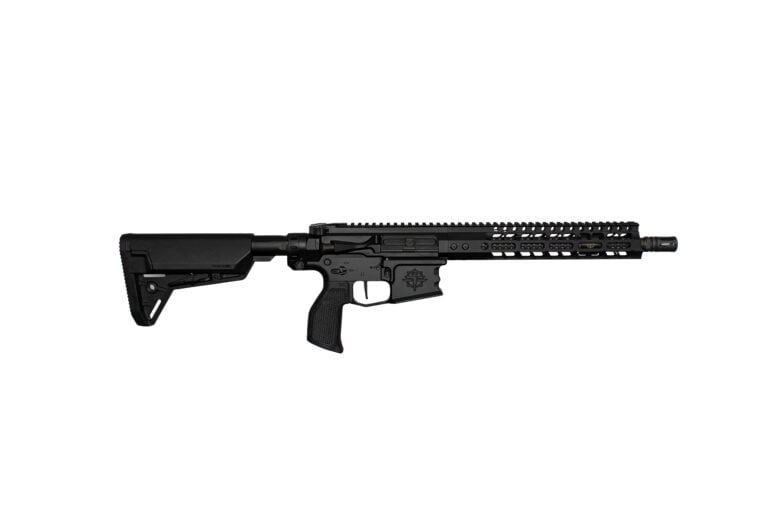 Black semi-automatic rifle with adjustable stock and long Picatinny rail, shown from the side.