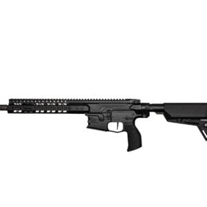 Black semi-automatic sporting rifle shown in profile with a long rail and adjustable stock, laid horizontally on a white background.