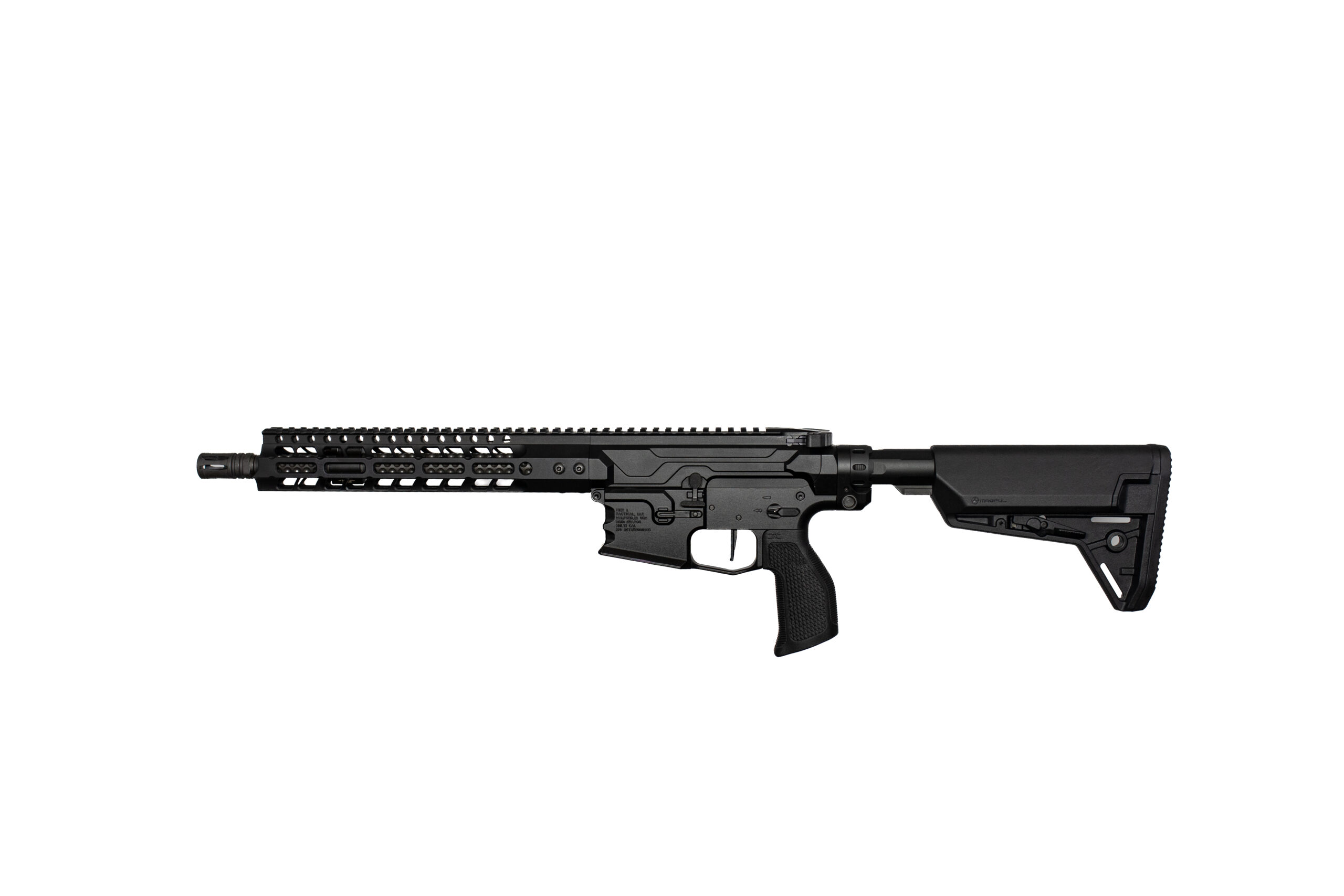 Black semi-automatic sporting rifle shown in profile with a long rail and adjustable stock, laid horizontally on a white background.