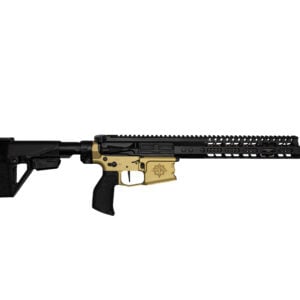 AR-style rifle with black upper and tan lower receiver, long handguard, and modular Picatinny rail on a white background