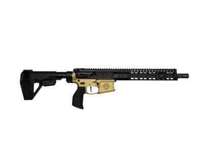 AR-style rifle with black upper and tan lower receiver, long handguard, and modular Picatinny rail on a white background