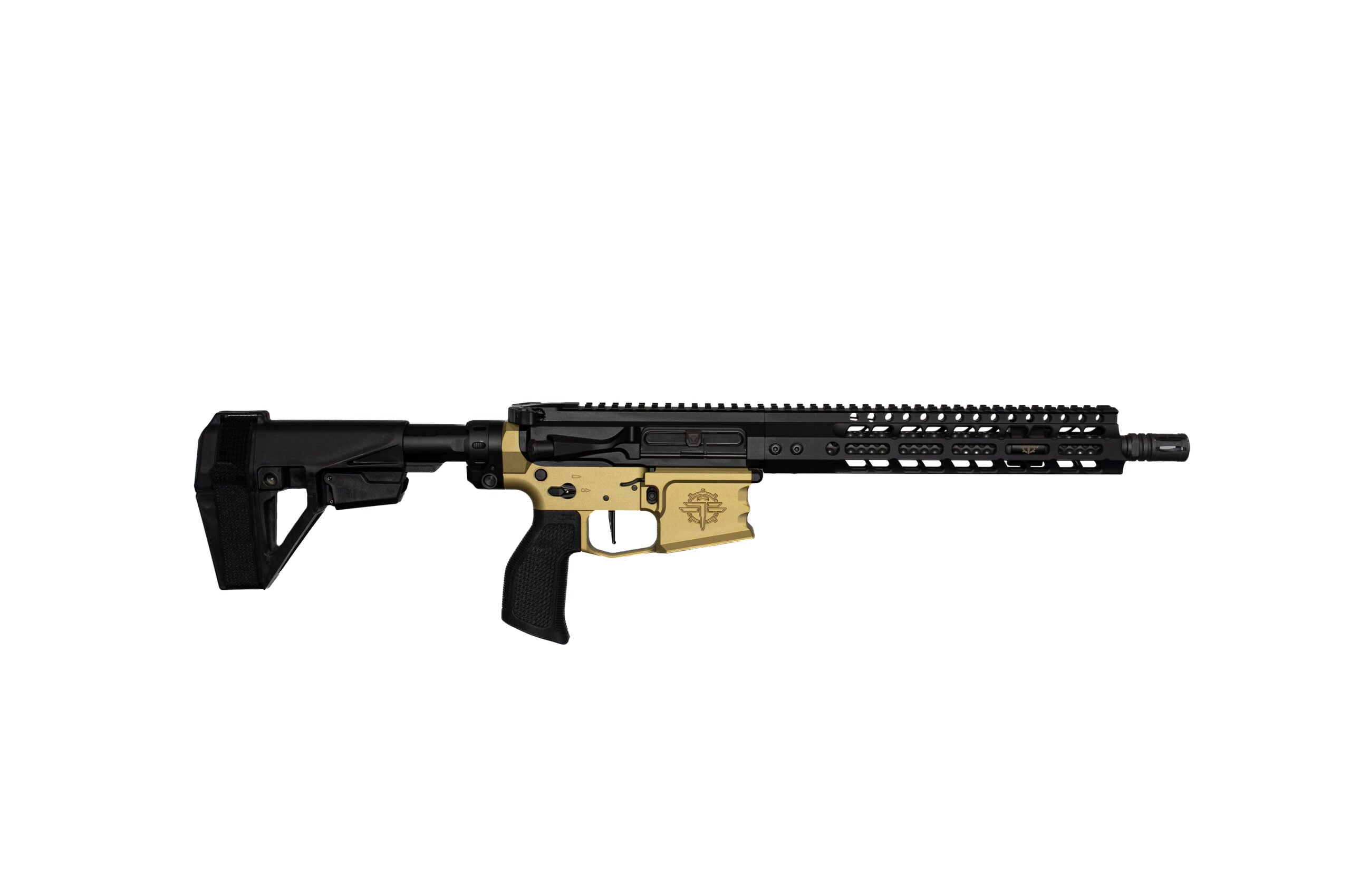 AR-style rifle with black upper and tan lower receiver, long handguard, and modular Picatinny rail on a white background
