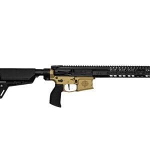 Black and tan semi-automatic rifle shown in profile with a long quad-rail handguard and collapsible stock