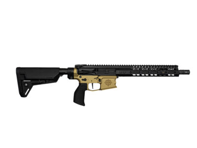 Black and tan semi-automatic rifle shown in profile with a long quad-rail handguard and collapsible stock