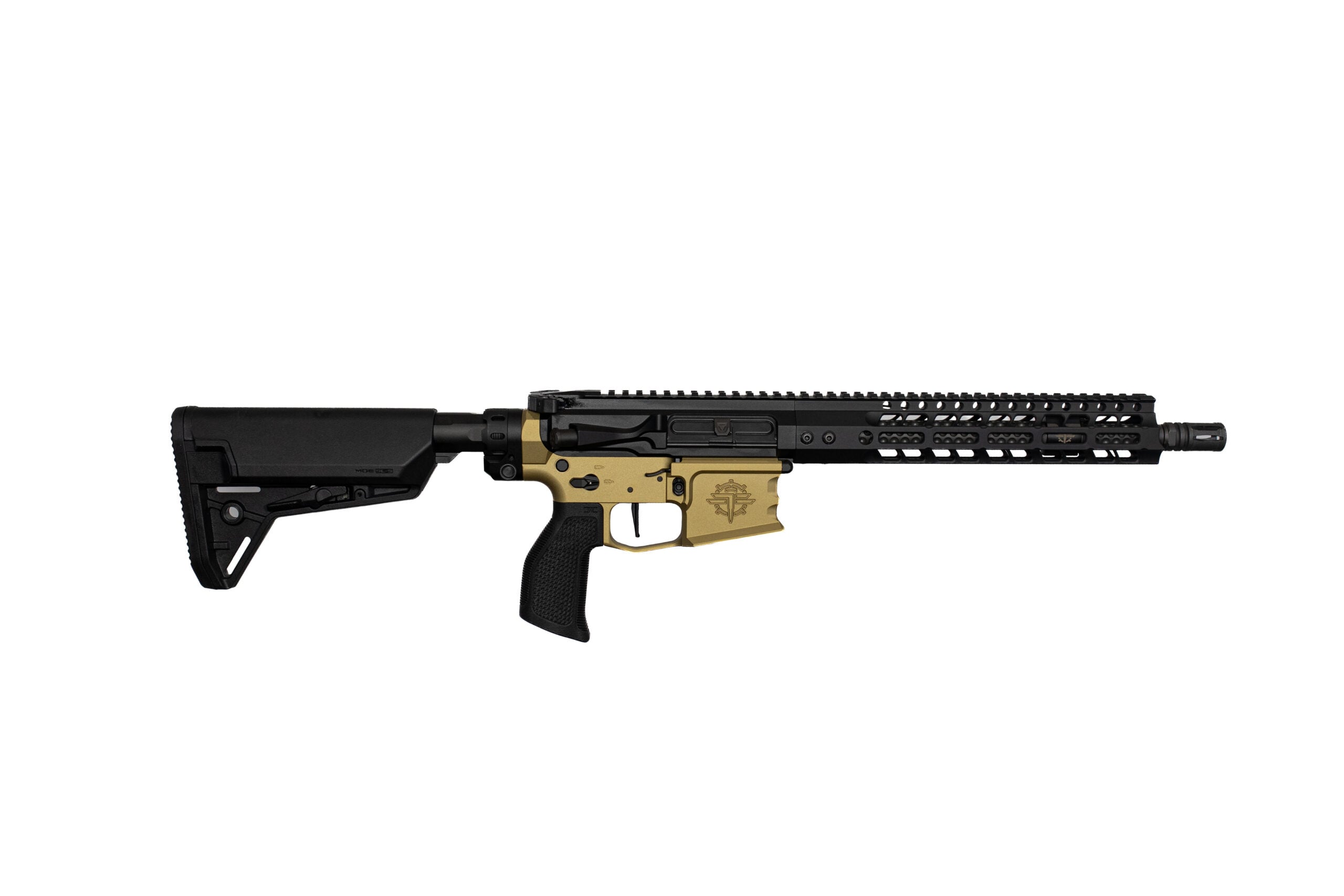 Black and tan semi-automatic rifle shown in profile with a long quad-rail handguard and collapsible stock