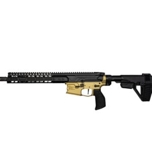 Side view of a modern AR-style rifle with a black and gold finish, long quad-rail handguard, and adjustable stock on a white background.