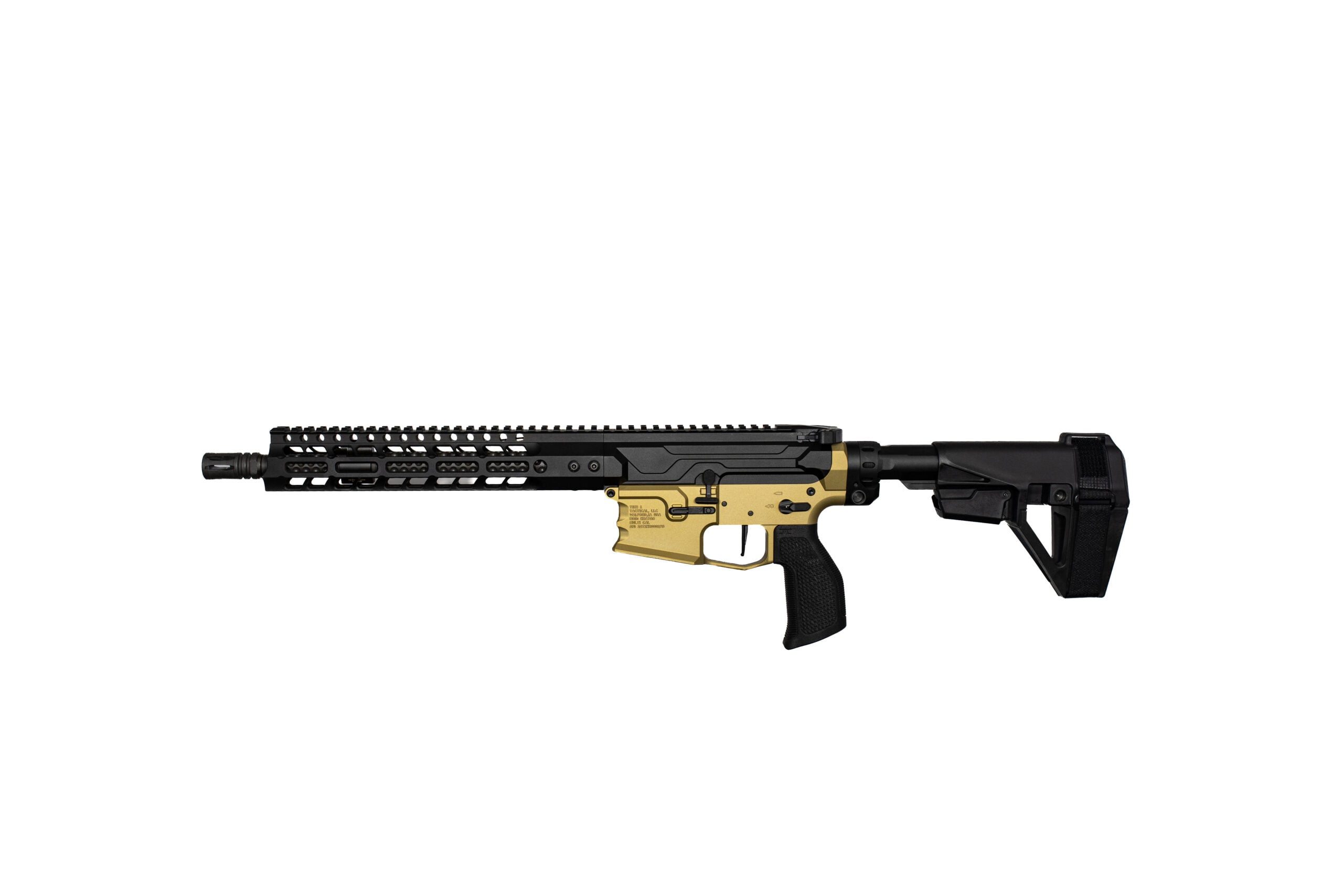 Side view of a modern AR-style rifle with a black and gold finish, long quad-rail handguard, and adjustable stock on a white background.