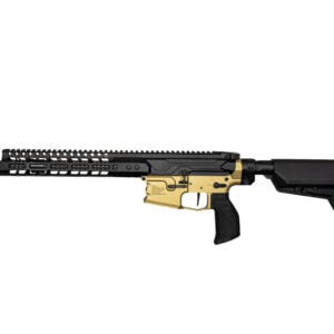 AR-style semi-automatic rifle shown in profile with a black upper, gold lower receiver, long rail, and adjustable stock on a white background.