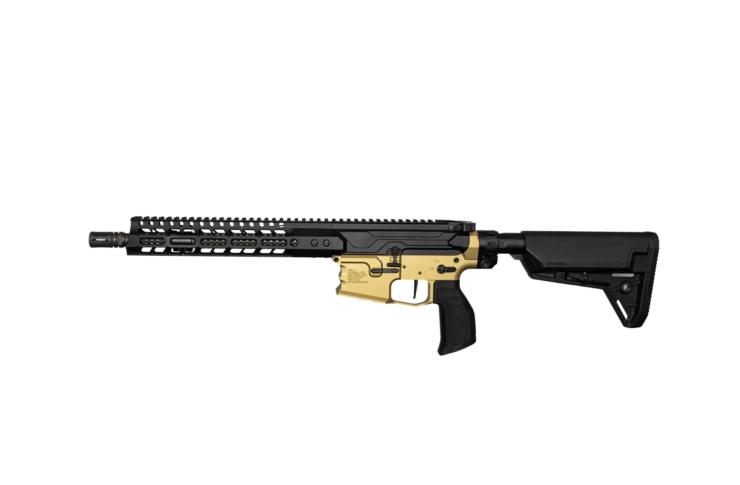 AR-style semi-automatic rifle shown in profile with a black upper, gold lower receiver, long rail, and adjustable stock on a white background.