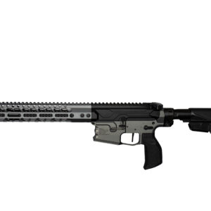 Side profile of a modern assault rifle with a long vented quad-rail handguard and adjustable stock suitable for tactical use.
