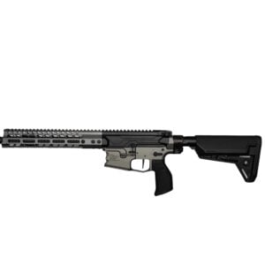 Modern assault rifle with a long rail, angled fore-end, and collapsible stock in black and tan colors laid horizontally against a white background