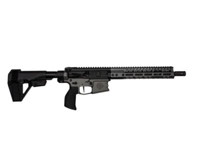 Black semi-automatic rifle with a quad-rail handguard and collapsible stock, shown in profile on white background.