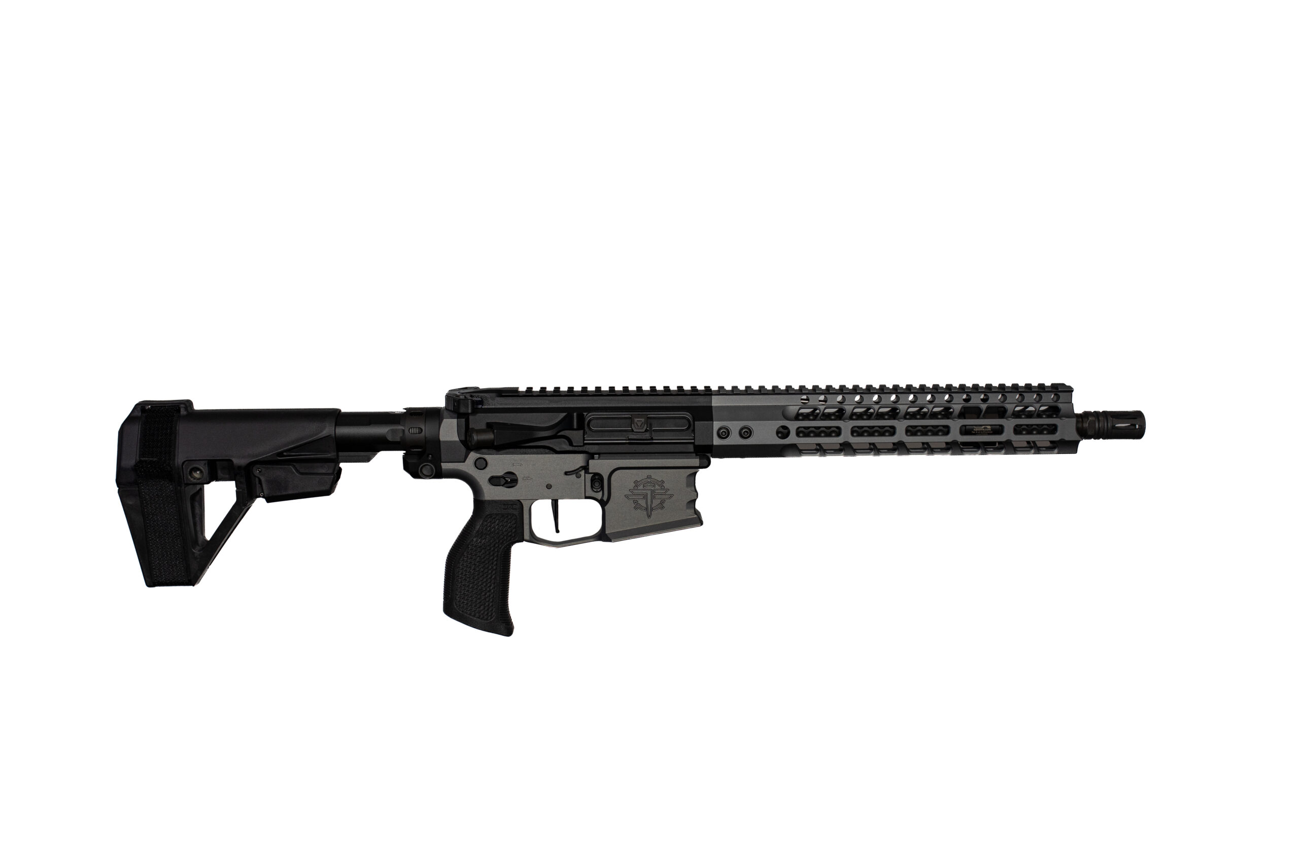 Black semi-automatic rifle with a quad-rail handguard and collapsible stock, shown in profile on white background.