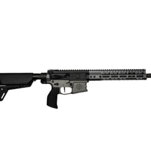 Profile view of a modern sporting rifle with a long rail system and collapsible stock on a white background, showing its upper receiver and barrel.