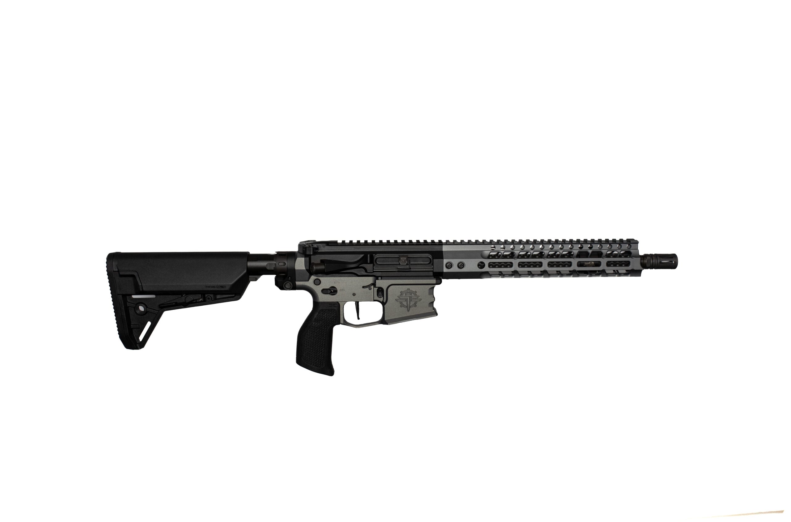 Profile view of a modern sporting rifle with a long rail system and collapsible stock on a white background, showing its upper receiver and barrel.
