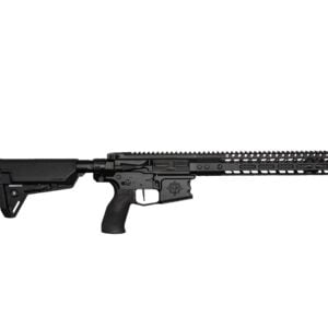 Black AR-style rifle laid horizontally along the bottom of the image, showing a long rail handguard and adjustable stock