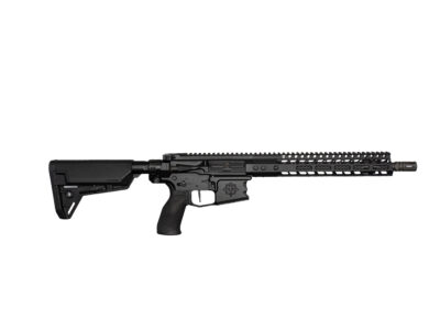 Black AR-style rifle laid horizontally along the bottom of the image, showing a long rail handguard and adjustable stock