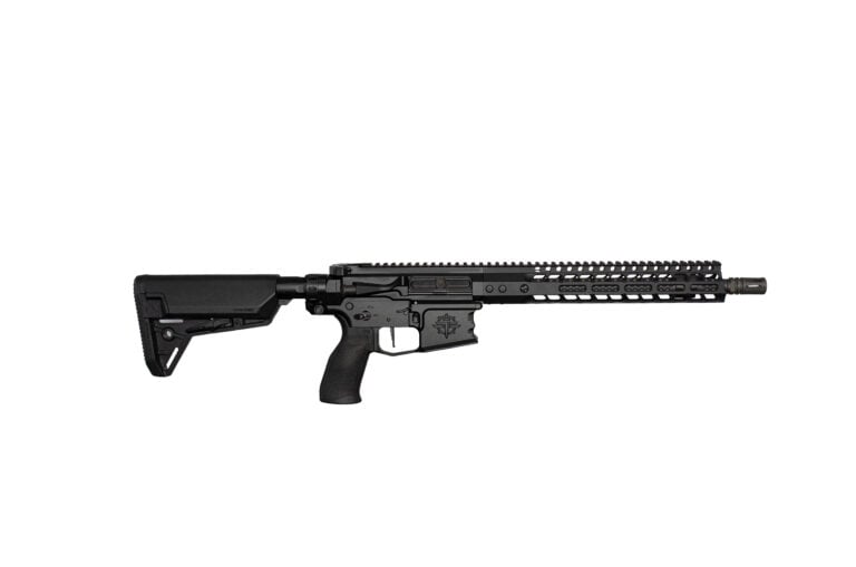 Black AR-style rifle laid horizontally along the bottom of the image, showing a long rail handguard and adjustable stock