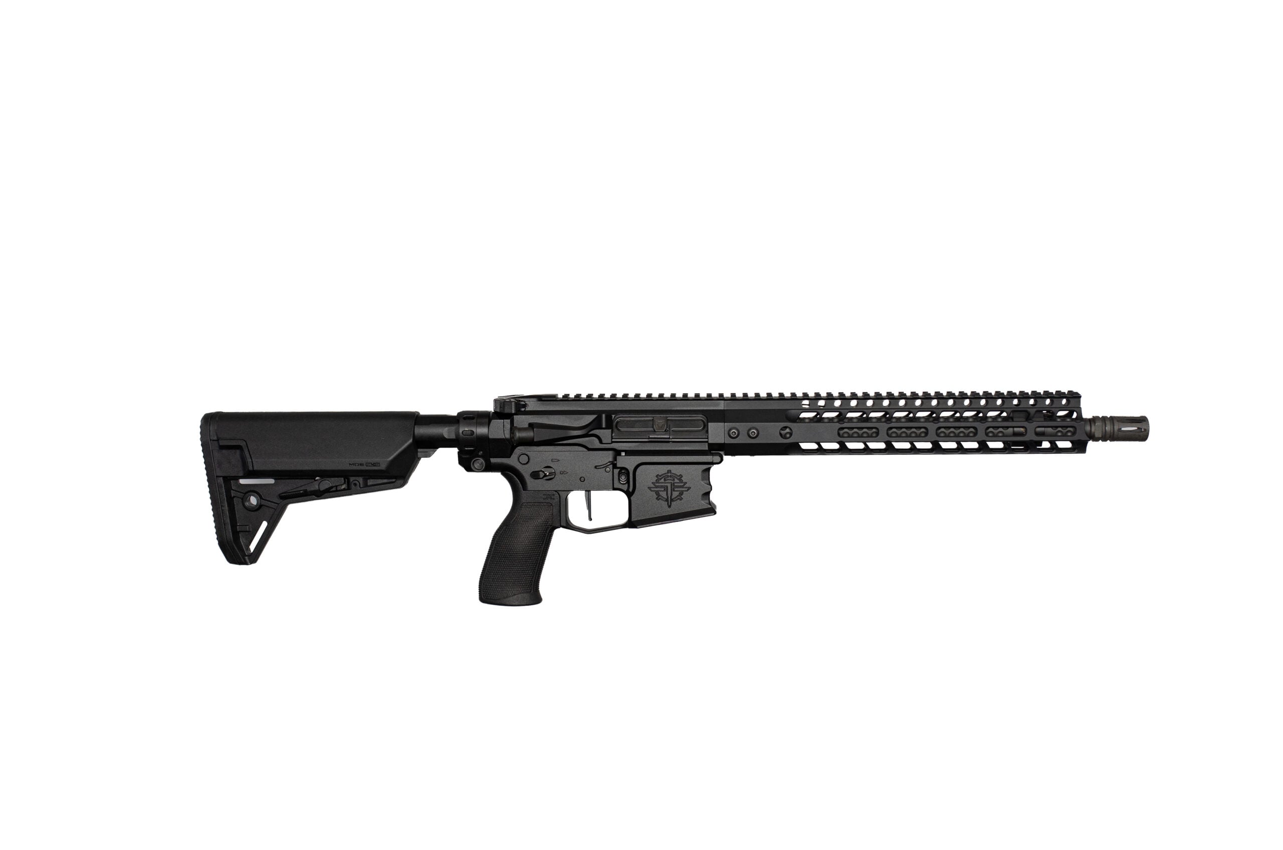 Black AR-style rifle laid horizontally along the bottom of the image, showing a long rail handguard and adjustable stock