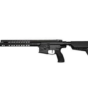 Black AR-style semi-automatic rifle shown in profile with a long quad-rail handguard and adjustable stock.