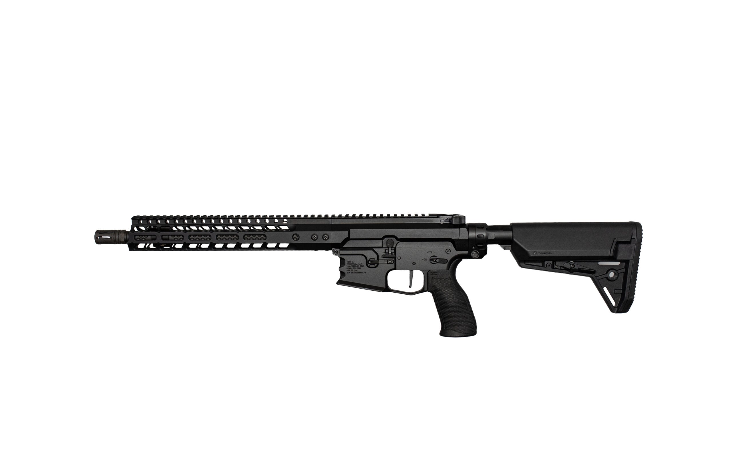 Black AR-style semi-automatic rifle shown in profile with a long quad-rail handguard and adjustable stock.