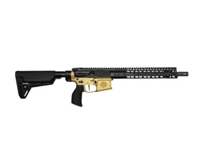 Profile of a black and tan AR-style rifle with a long quad-rail handguard and adjustable stock