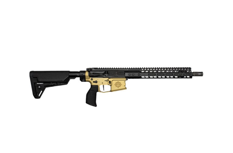 Profile of a black and tan AR-style rifle with a long quad-rail handguard and adjustable stock